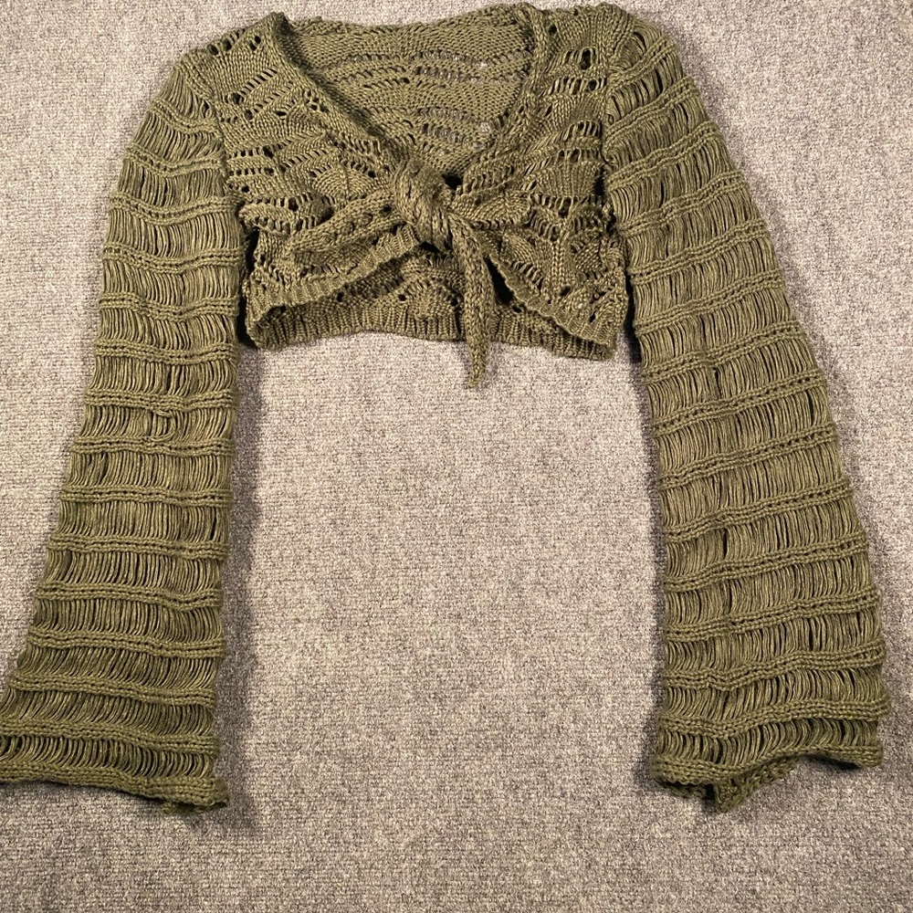 ROMWE Y2K Grunge Boho‎ tie front Sweater Bell sleeves crotchet top S